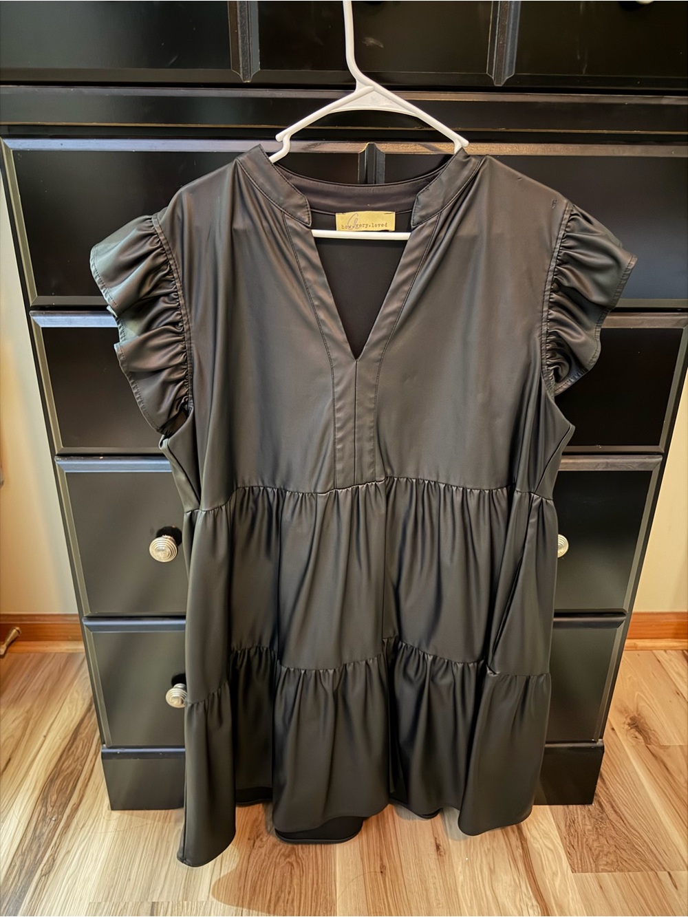 Black Faux Leather Tiered Ruffle Sleeve Dress